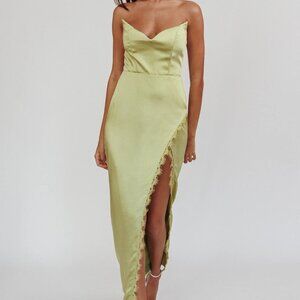 Selfie Leslie Winter Moon Strapless Lace Trim Midi Dress Sage